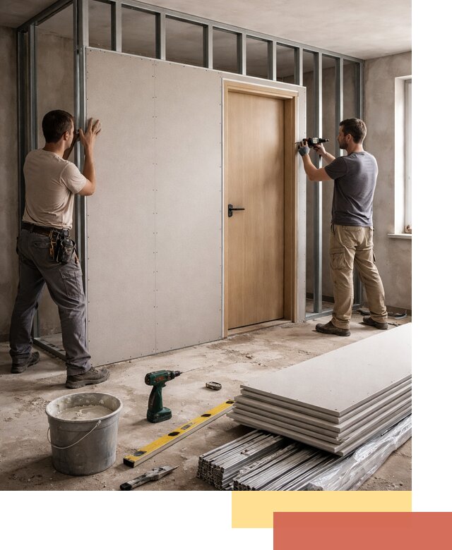 Перегородка из гипсокартона с дверью под ключ в Вязьме