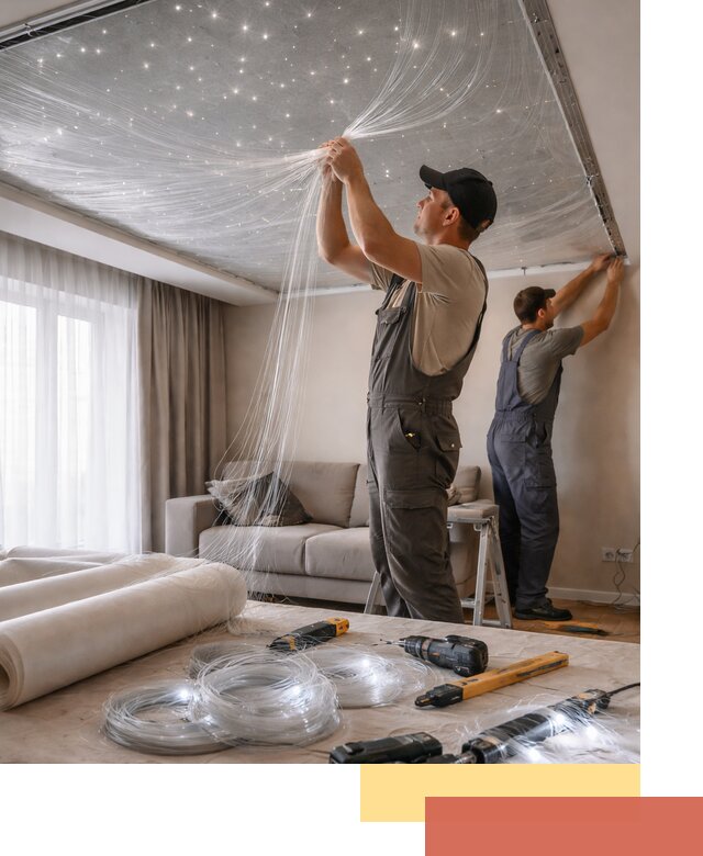 Монтаж натяжного потолка «Звездное небо» в Вязьме