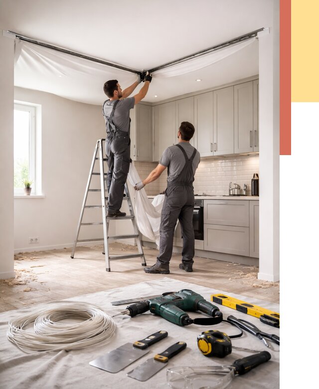 Установка натяжного потолка на кухне в Вязьме от 2468 руб. | ОТДЕЛОЧНИК-Взь