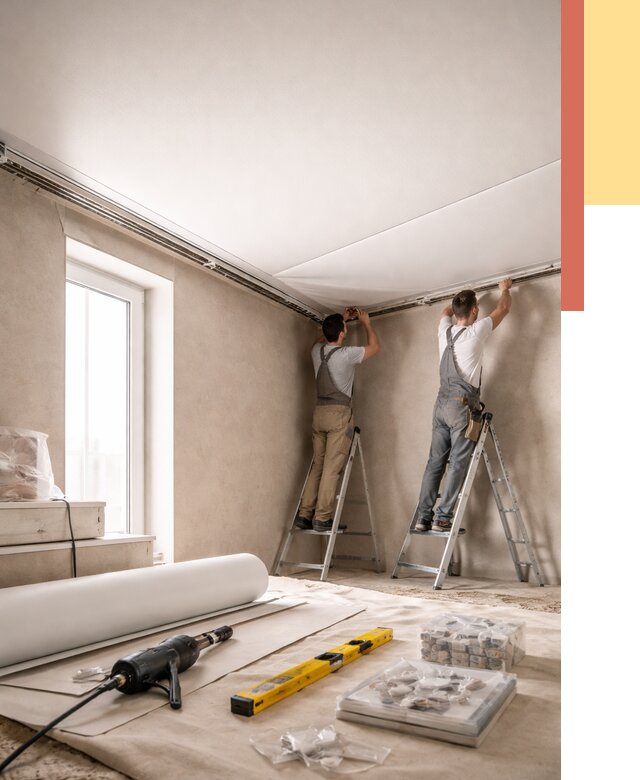 Монтаж натяжного потолка в спальне в Вязьме от 3907 руб. под ключ | ОТДЕЛОЧНИК-Взь