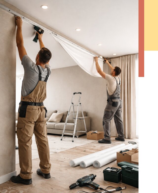 Монтаж натяжного потолка в гостиной в Вязьме от 566 руб. | ОТДЕЛОЧНИК-Взь