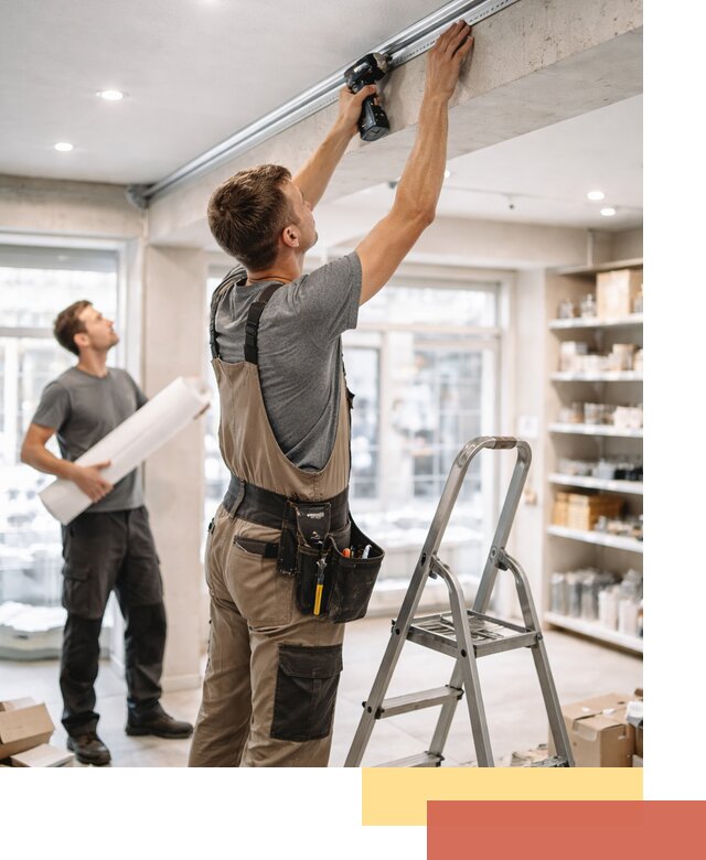 Монтаж натяжных потолков в магазине в Вязьме