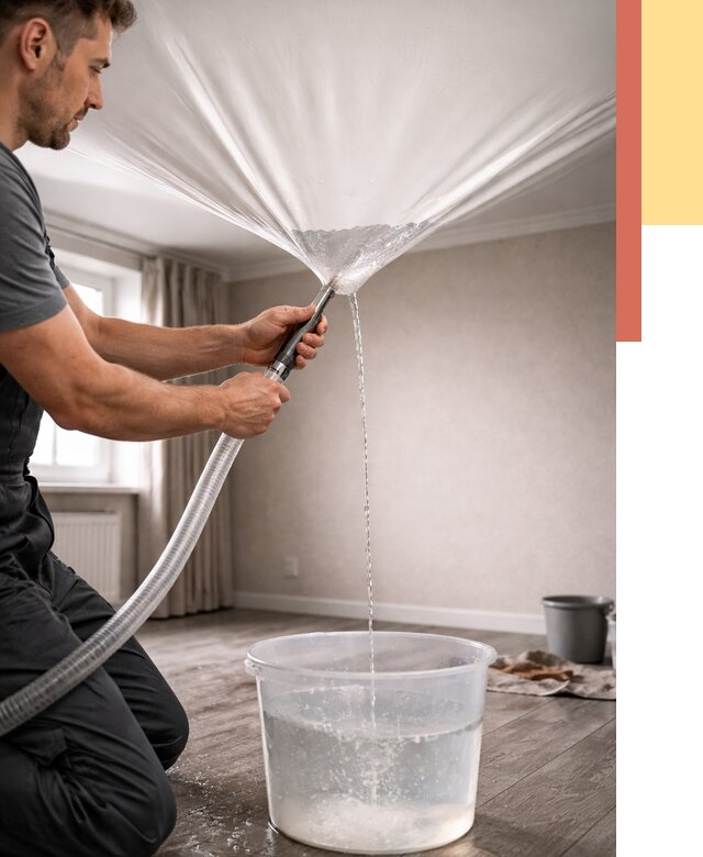 Слив воды с натяжного потолка в Вязьме от 2571 руб. быстро и недорого | ОТДЕЛОЧНИК-Взь