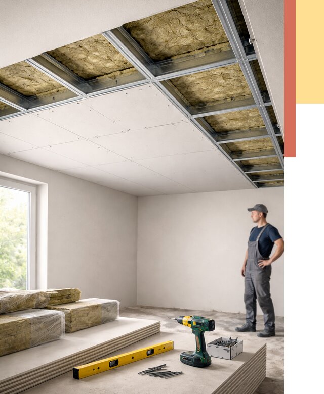 Звукоизоляция потолка ГКЛ в Вязьме от 977 руб. — монтаж под ключ | ОТДЕЛОЧНИК-Взь